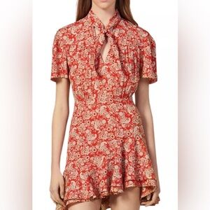 Sandro Red Paisley Tie-Neck Midi Dress